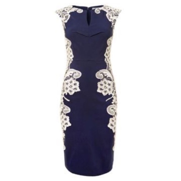 London Dress Company Navy Cream Lace Cap Sleeve Bodycon Mini Dress Size 4 - Picture 13 of 16
